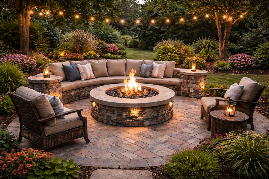 Custom fire pit installation creating a warm outdoor seating area in a landscaped backyard.