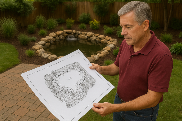 A homeowner reviewing plans for pond installation layout in their backyard.