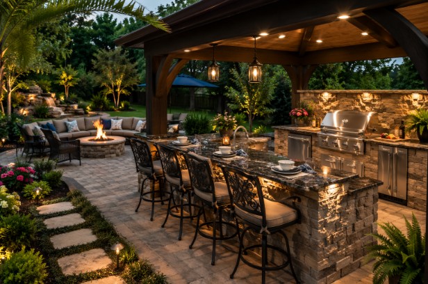 Outdoor kitchen setup in a backyard living space with grill, seating, and landscaping features