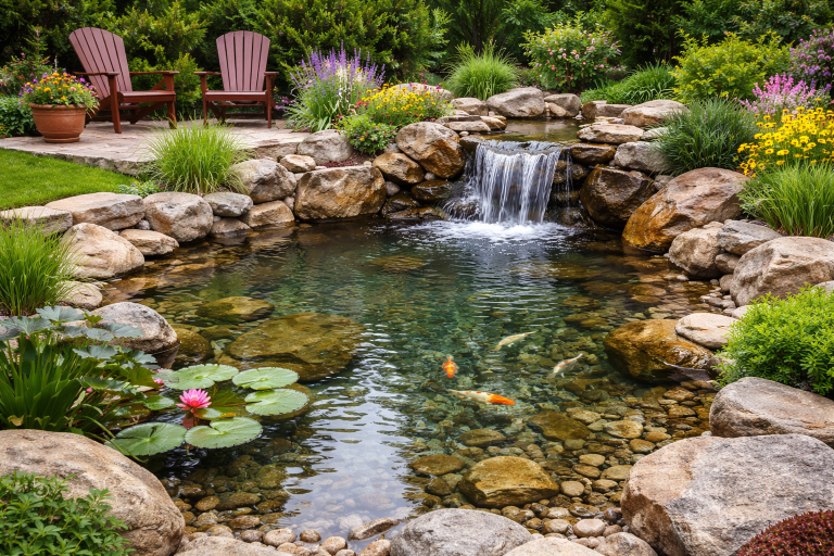 A bbackyard pond with clear water and a waterfall feature maintained by professionals in Venice, FL