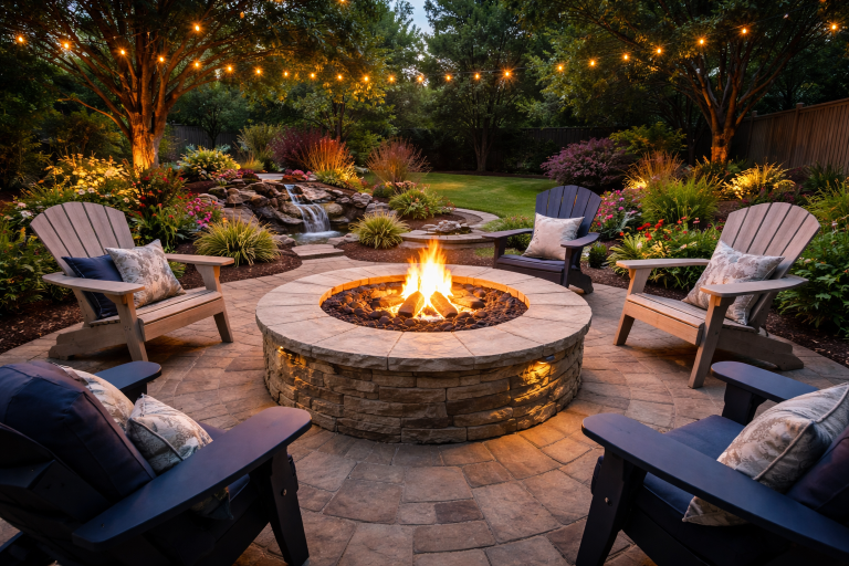 Fire pit installation near a backyard pond, creating a relaxing outdoor landscape design.