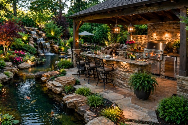 Outdoor kitchen integrated with a waterfall and pond design in a backyard landscape