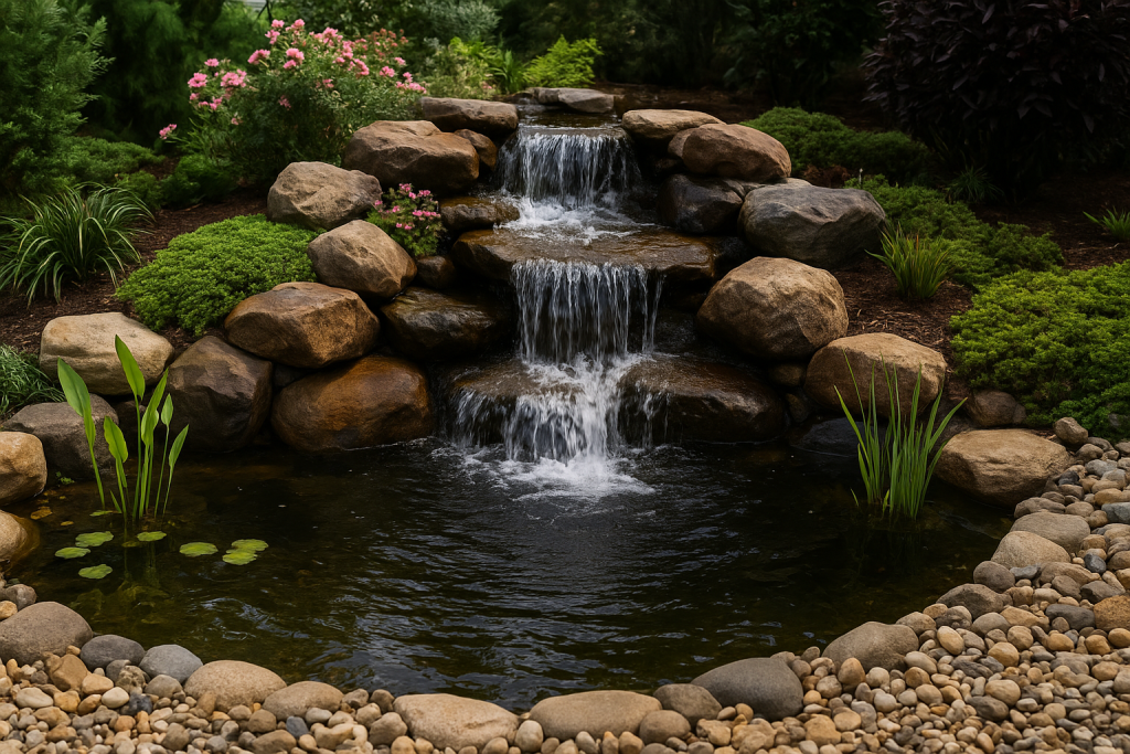 A backyard custom waterfall flowing over natural rocks into a small pond.