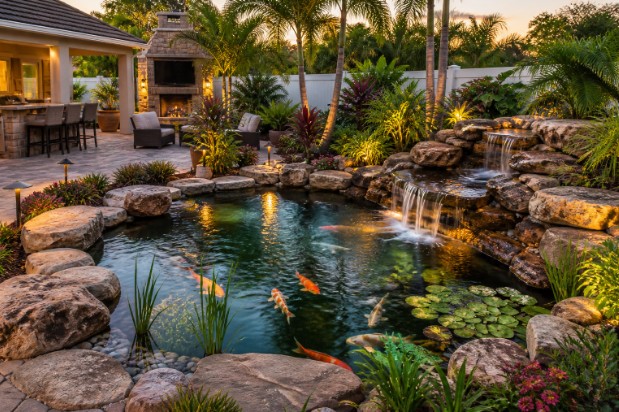 Outdoor living construction in Venice, FL, featuring a backyard pond with natural stone and surrounding landscaping.