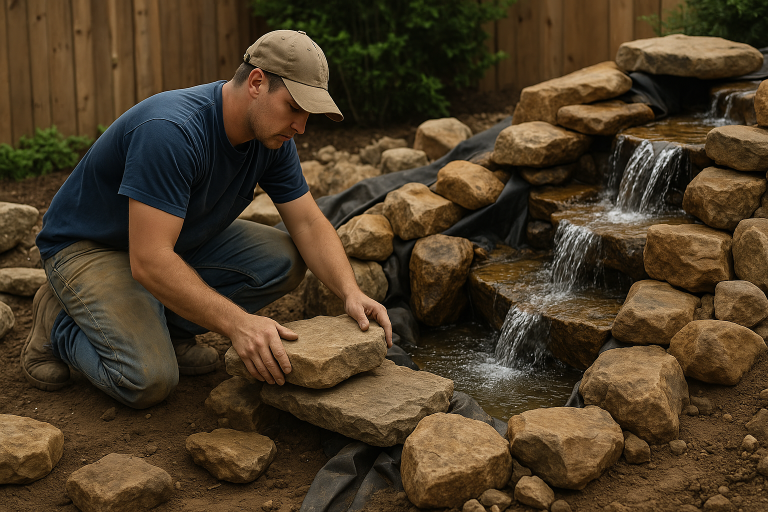 A technician shaping stones during custom waterfall construction in a residential yard.