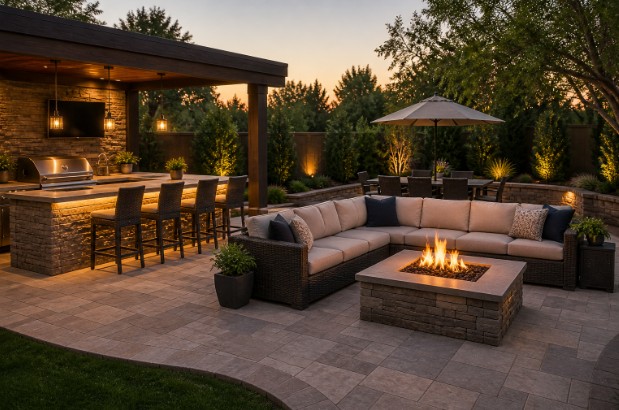Outdoor living construction in Venice, FL, with outdoor kitchen, seating area, and fire pit designed for entertaining.