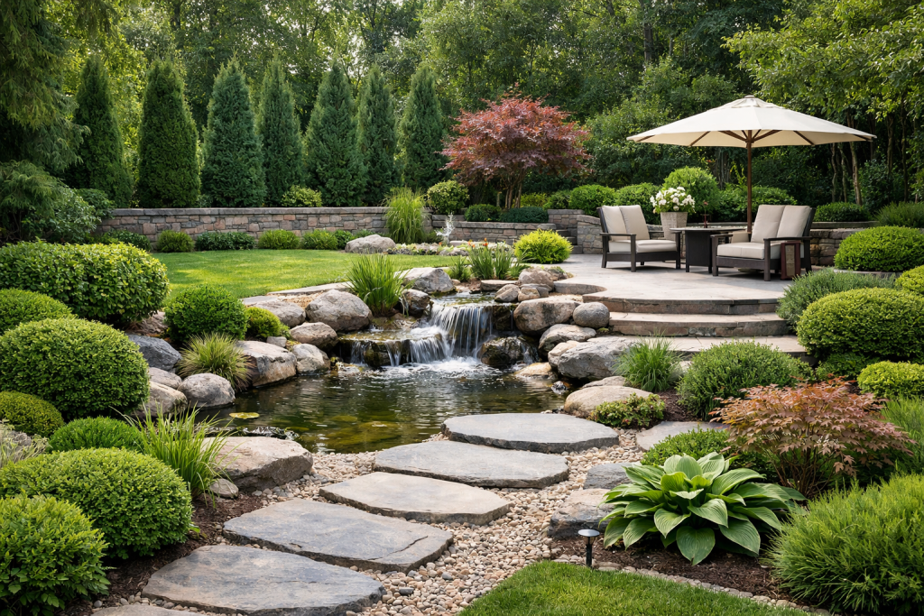 Professional landscaping services creating a balanced outdoor space with lush greenery, stone pathways, and water features in Venice, FL.