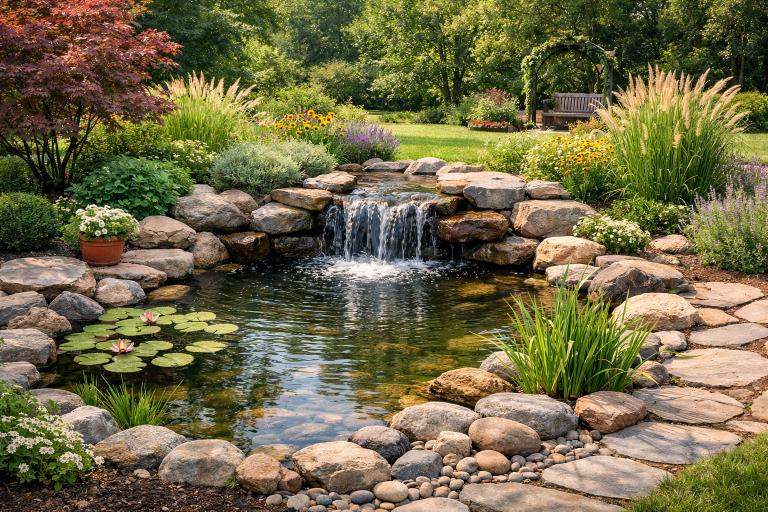 Custom pond and garden landscaping services featuring a tranquil water feature in Venice, FL.