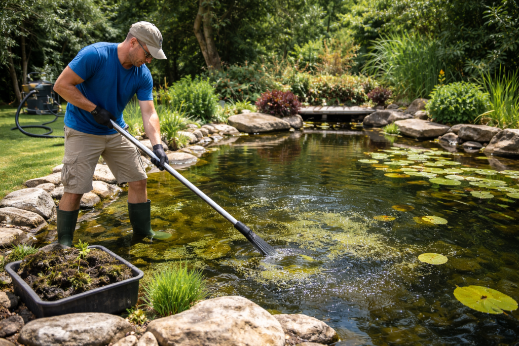 Professional pond cleaning, removing debris and algae from a backyard pond in Venice, FL.