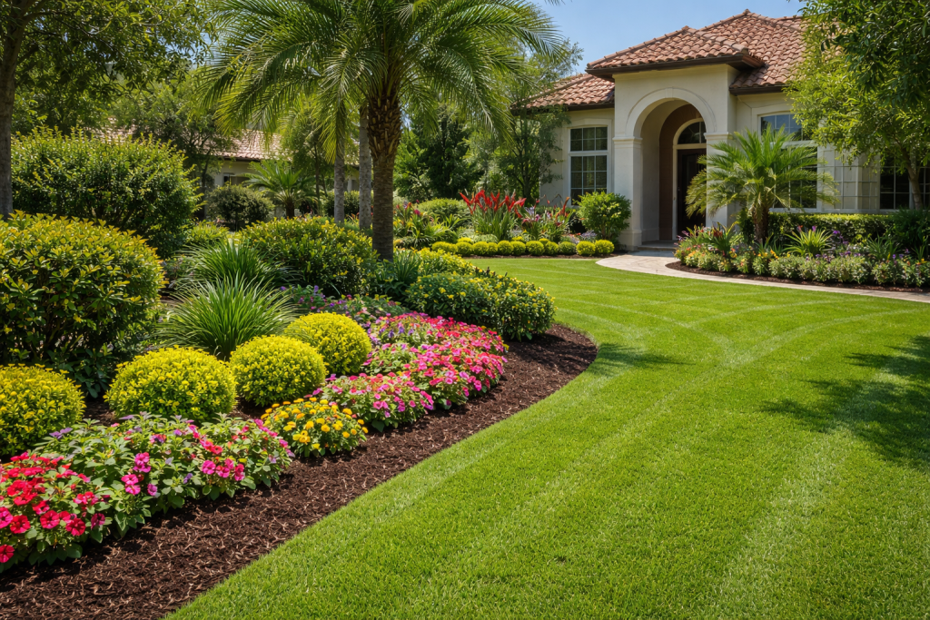 A well-maintained residential landscape with trimmed lawn and clean garden beds in Venice, FL