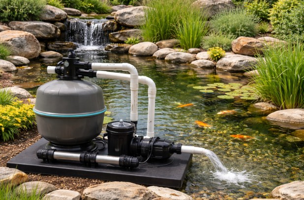 Pond repairs with a filtration system improving water quality and creating clear, clean pond water.