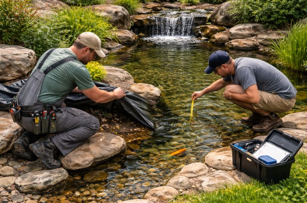 Pond repair process including liner leak detection and water level inspection for proper function.