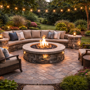 Custom fire pit installation creating a warm outdoor seating area in a landscaped backyard.