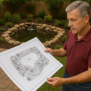 A homeowner reviewing plans for pond installation layout in their backyard.