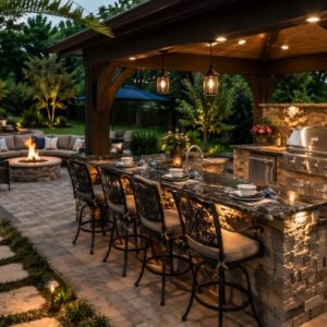 Outdoor kitchen setup in a backyard living space with grill, seating, and landscaping features