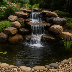 A backyard custom waterfall flowing over natural rocks into a small pond.