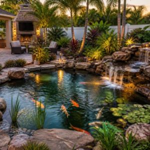 Outdoor living construction in Venice, FL, featuring a backyard pond with natural stone and surrounding landscaping.