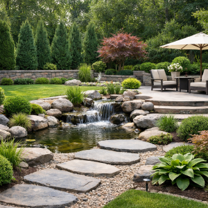Professional landscaping services creating a balanced outdoor space with lush greenery, stone pathways, and water features in Venice, FL.