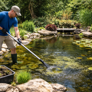 Professional pond cleaning, removing debris and algae from a backyard pond in Venice, FL.