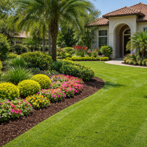 A well-maintained residential landscape with trimmed lawn and clean garden beds in Venice, FL
