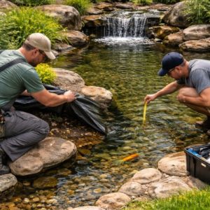 Pond repair process including liner leak detection and water level inspection for proper function.