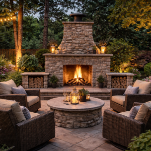Custom outdoor fireplace serving as a central gathering point in a landscaped backyard.