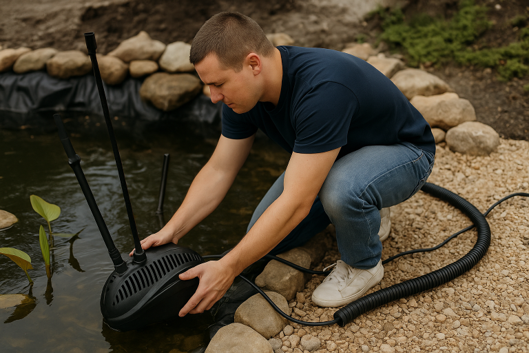 A technician installing pond pump and filtration system during new pond construction.