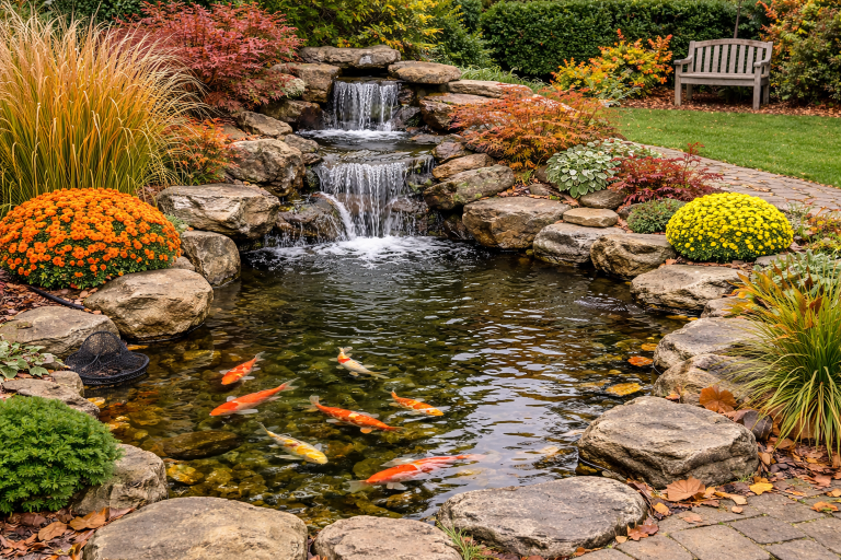 Backyard waterfall and koi pond maintained for the fall season in Venice, FL.