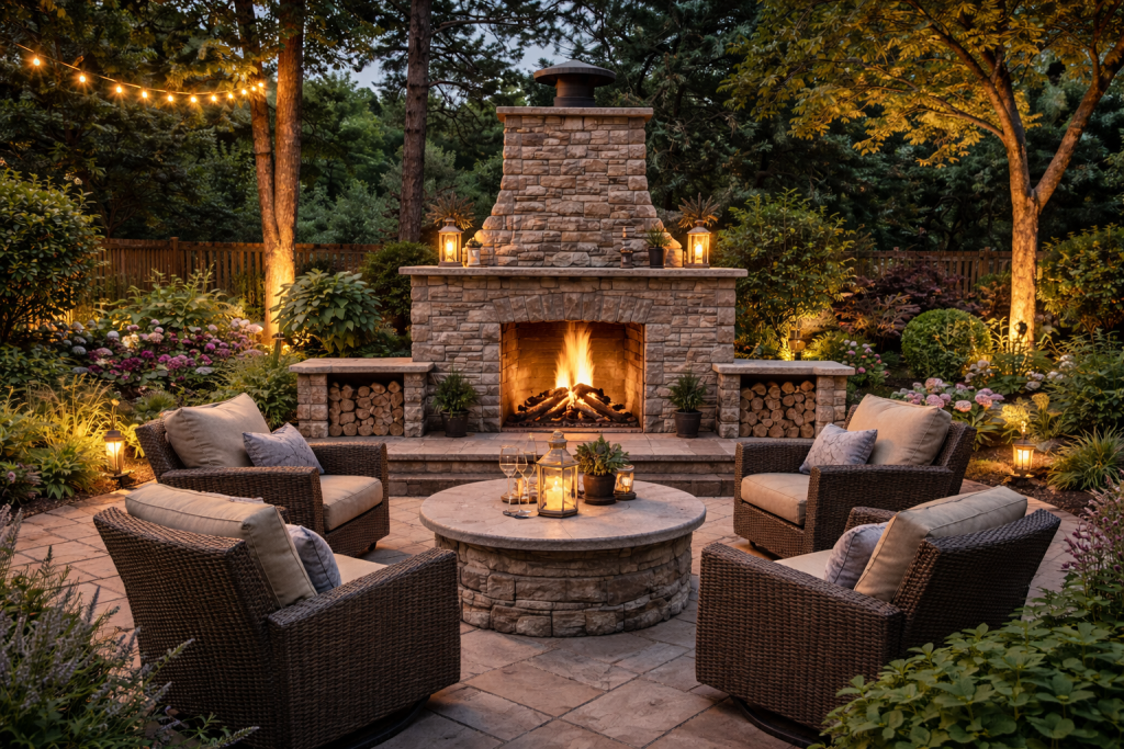 Custom outdoor fireplace serving as a central gathering point in a landscaped backyard.