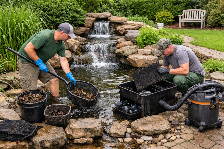 Spring pond cleaning service removing debris and inspecting filtration system in Venice, FL backyard.