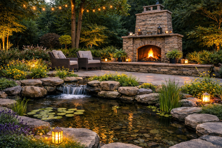Outdoor fireplace integrated with a pond and garden for a balanced backyard design.